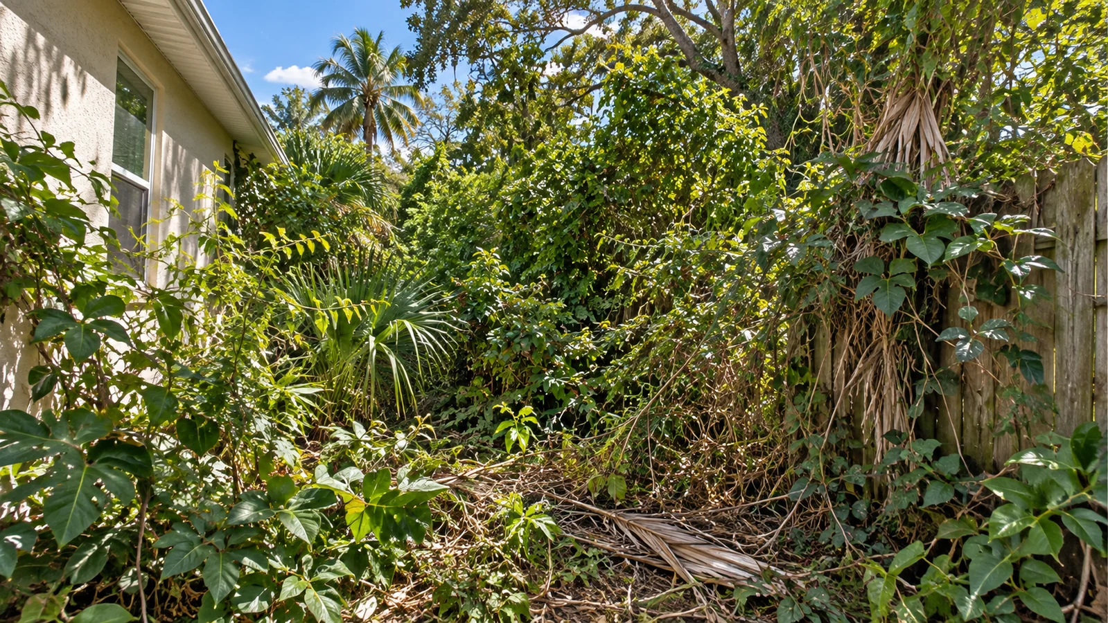 Overgrown Florida side yard before cleanup