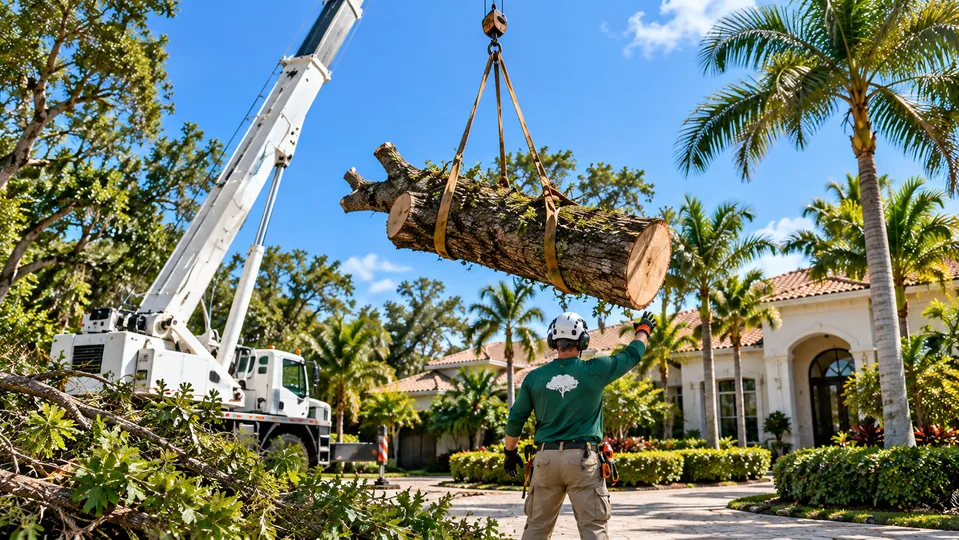 Crane-assisted tree removal